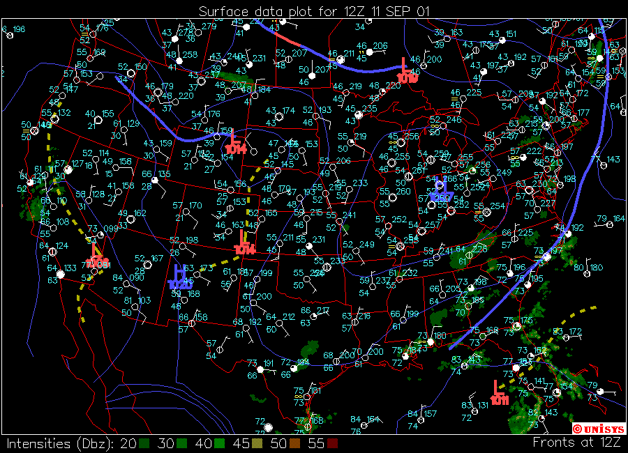 The surface weather map from the morning of September 11, 2001