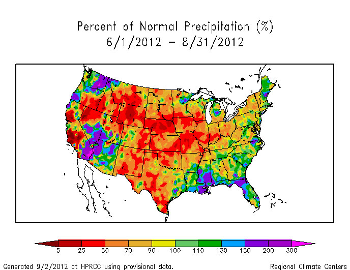 Percent of Normal Precipitation - June-August 2012