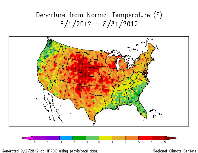 Departure from Normal Temperature - June-August 2012