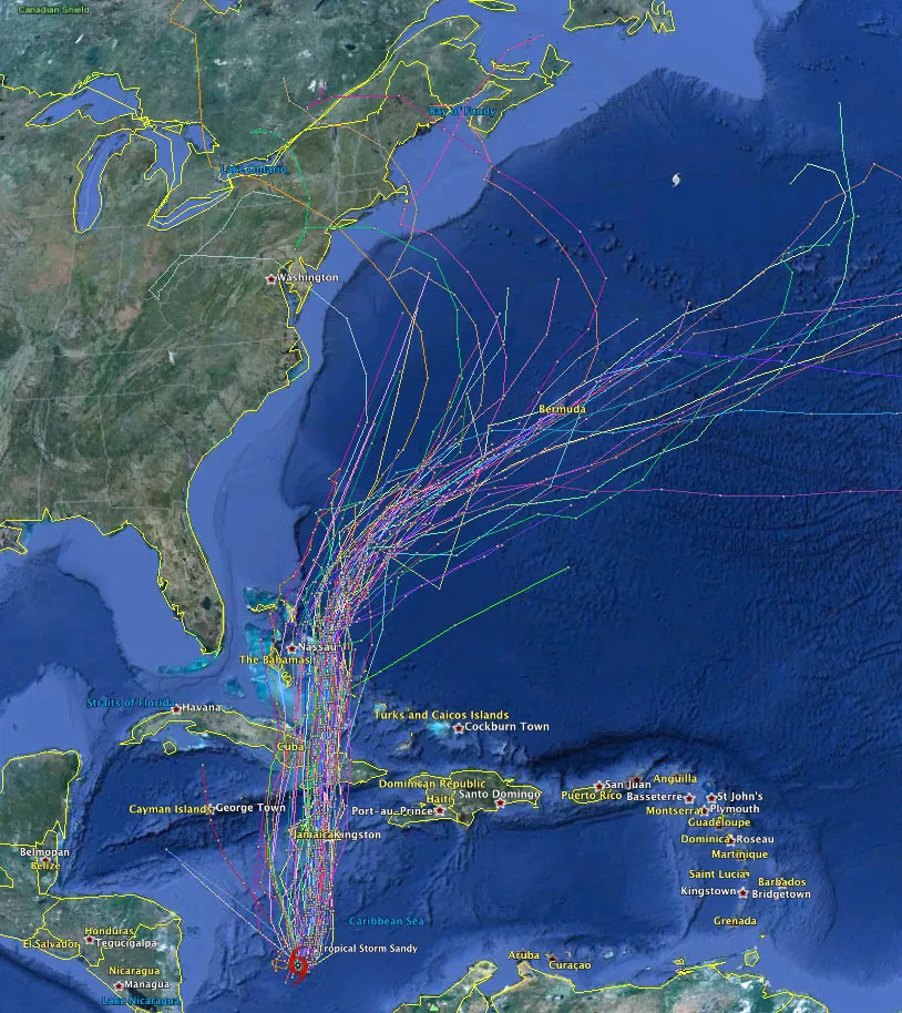Spaghetti Plot of most models - Hurricane models mostly centered over Bermuda