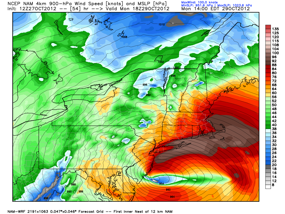 Computer model simulation showing some of the strongest (non-surface) winds from Sandy in Southern New England Monday afternoon