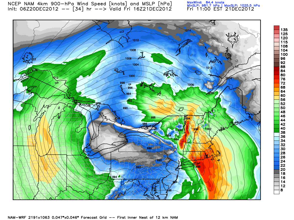 Strongest winds focused on the coast of SNE and Long Island - weatherbell.com