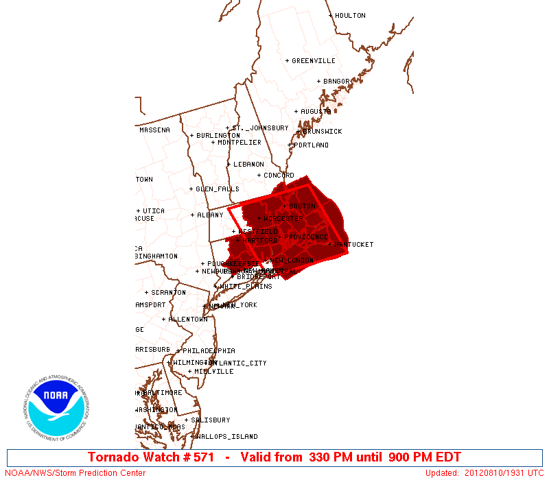 Tornado Watch posted for SNE on August 10, 2012