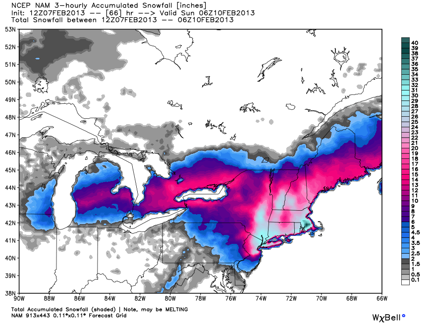 12Z NAM snow totals - it manages to stay mainly snow with big totals in SE NE. Big totals for NYC, too!