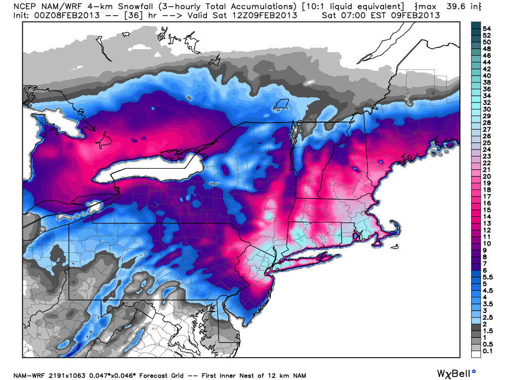 Highest resolution WRF (NAM) shows a max snow total of nearly 40" near the RI/CT border. It has a widespread 2 foot + snow for all of Southeastern New England except the Cape/Islands where amounts fall off quickly.