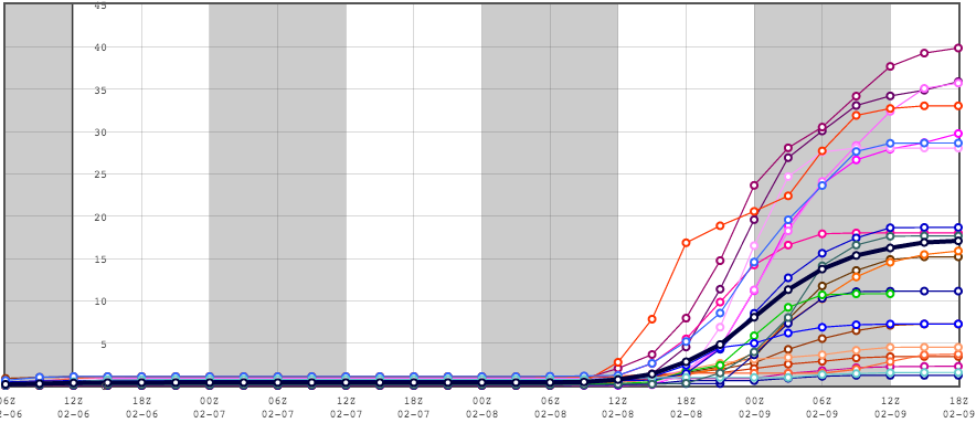 SREF members snow totals - notice the WIDE range of solutions, from next to nothing to off the charts.