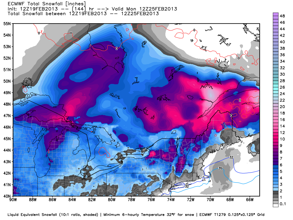 ECMWF snow forecast - not much snow in RI and SE MA as the storm tracks just a bit too close for snow