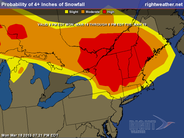 Best chance of 4" of snow on Tuesday is in Northern New England.