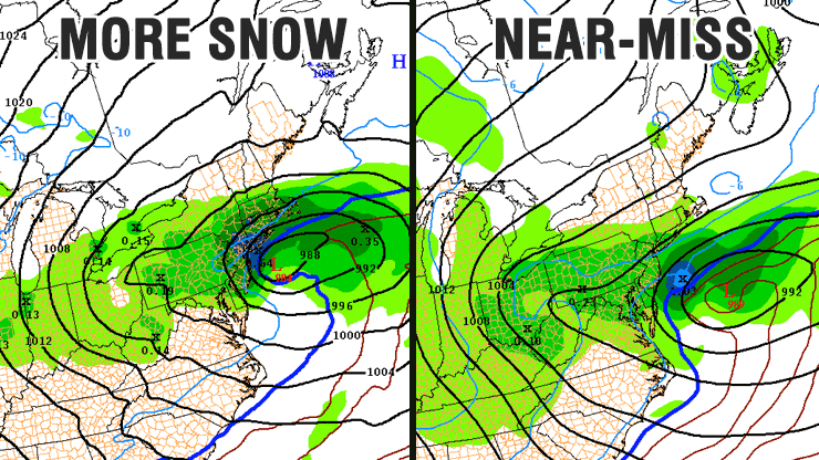 All eyes on a storm that will either bring more snow (left) or slide out to sea south of SNE (right) early next week
