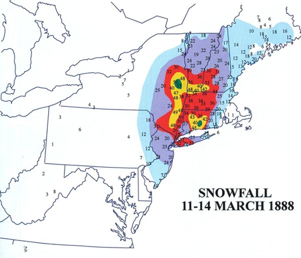 Snowfall map of the March 11-14, 1888 blizzard - Paul Kocin