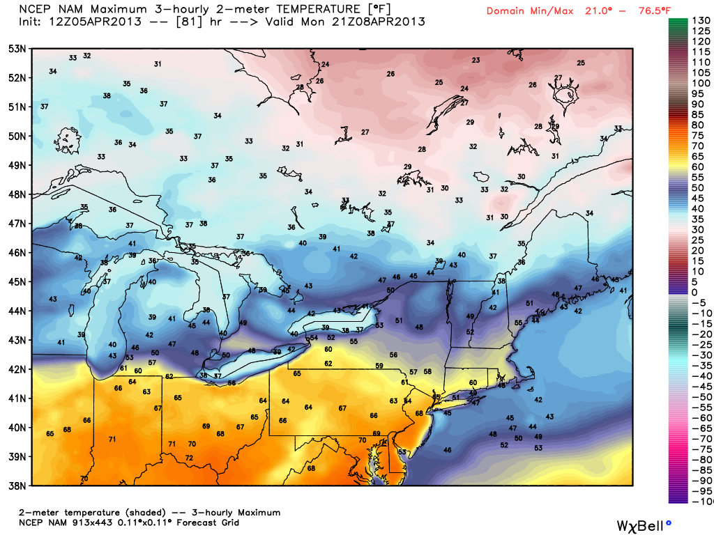 Warm weather in most of the Northeast on Monday - weatherbell.com