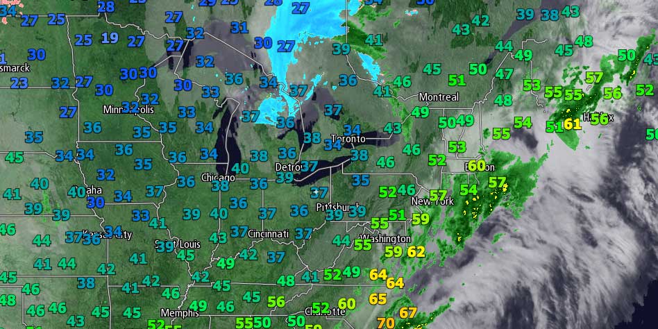 Showers linger Sunday morning. Chilly air in the Great Lakes is heading east