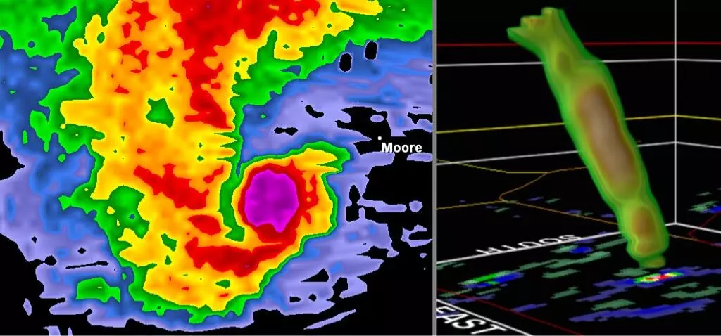 Left - debris ball associated with Moore, OK tornado Right - 3D radar image of the tornado