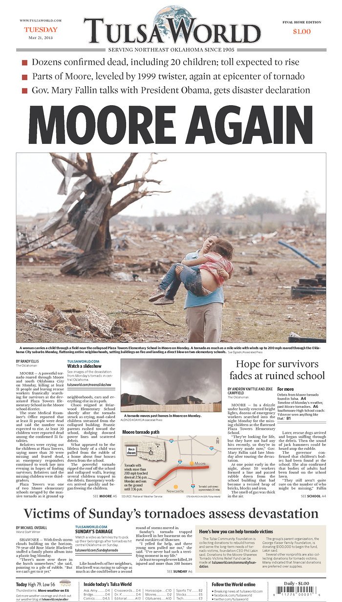 Newspaper front page on May 21, 2013 - the day after the tornado