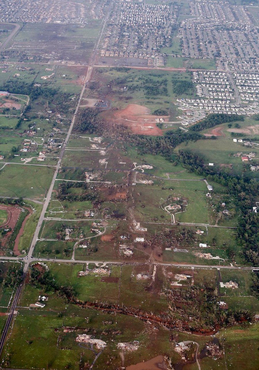Aerial photo shows the path of the tornado on May 20, 2013 through Moore, OK