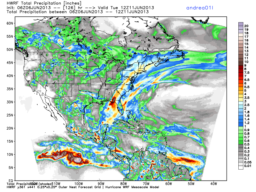 HWRF Hurricane Model precipitation forecast - a large swath of 1.5-3" rain totals up the Eastern Seaboard