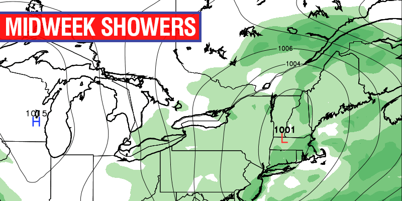 Midweek weather map features a large upper-level area of low pressure over New England. That means scattered showers and t-storms.