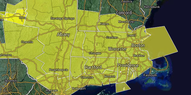 Areas shaded in yellow are under a Severe Thunderstorm Watch until 9pm Monday