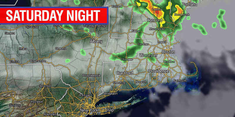 Scattered showers/storms are possible inland Saturday night
