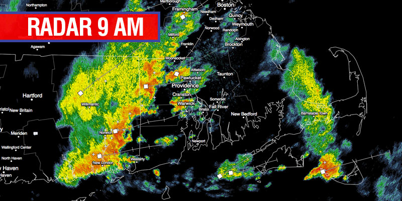 Moderate to heavy showers moving in from CT while new showers blossom in RI