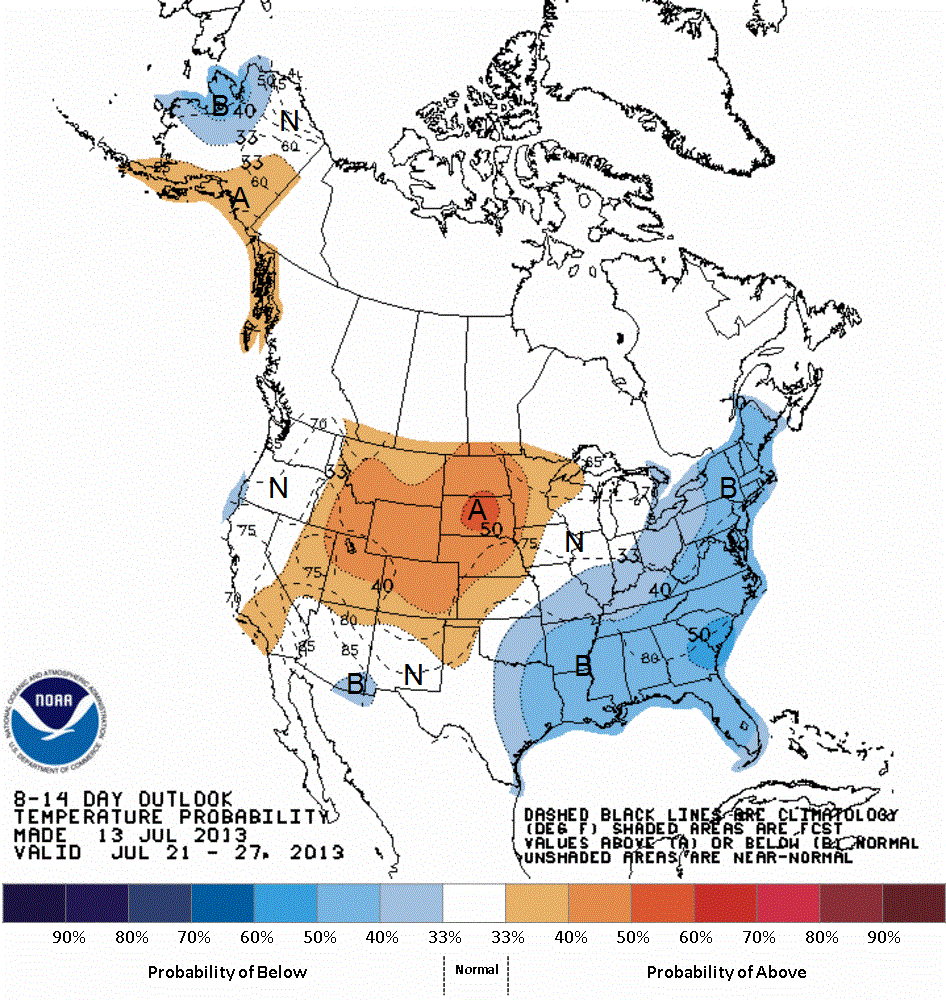 NOAA Climate Prediction Center predicting cooler weather on the Eastern Seaboard from July 21-27