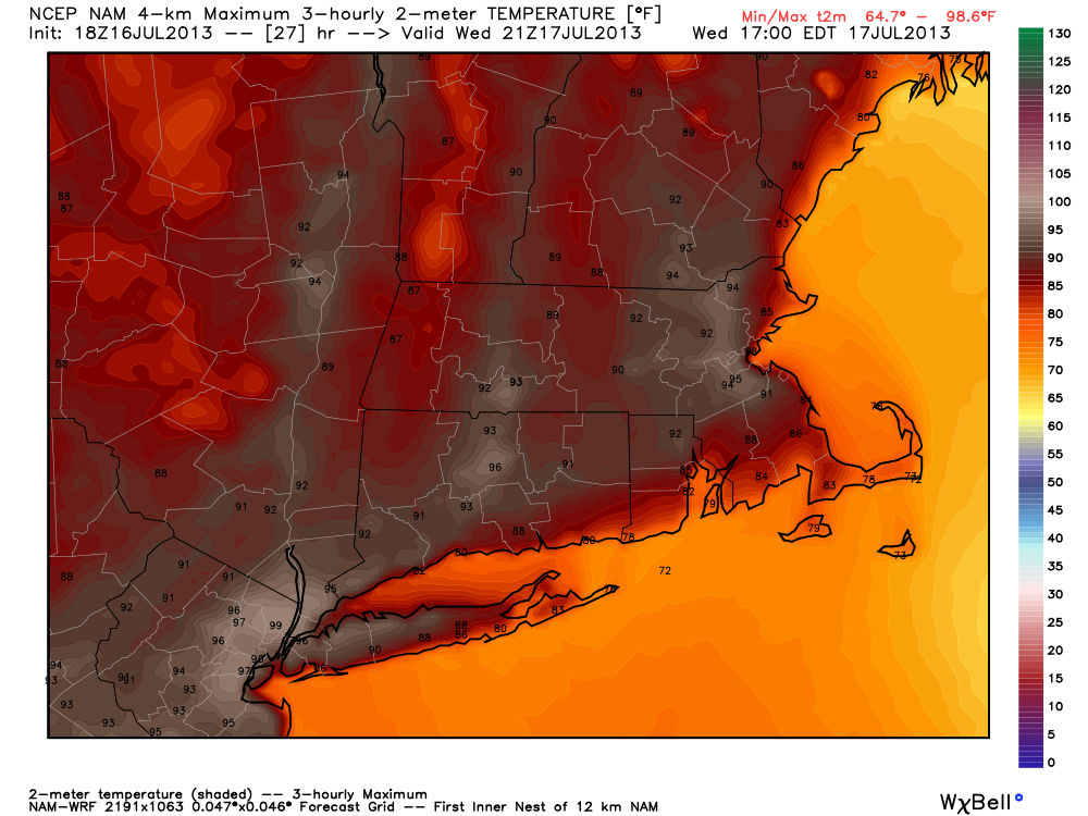 NAM computer model predicts upper 70s to mid 80s near the coast on Wednesday afternoon