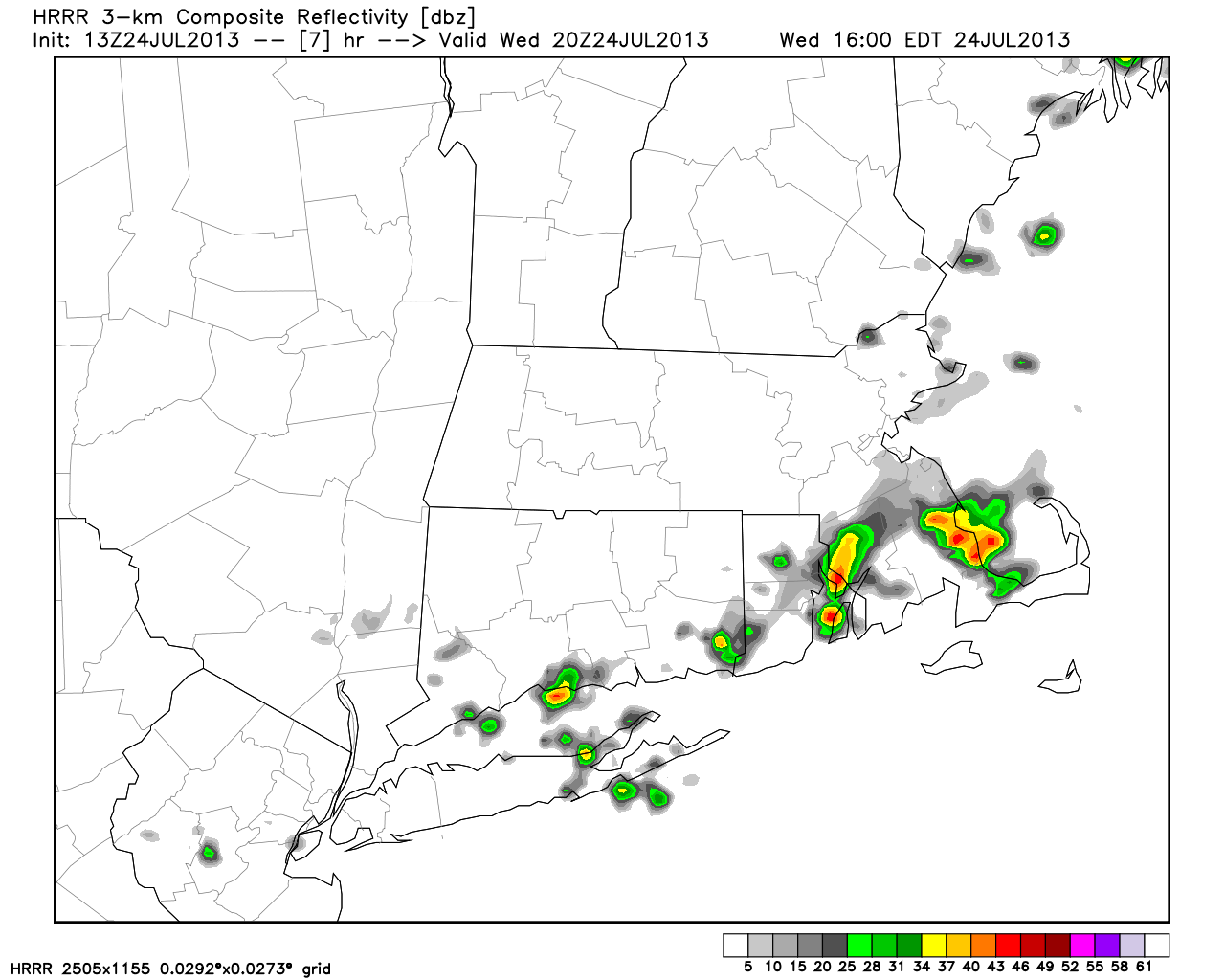 Short range models show a few t-storms popping up as a cold front passes Wednesday afternoon