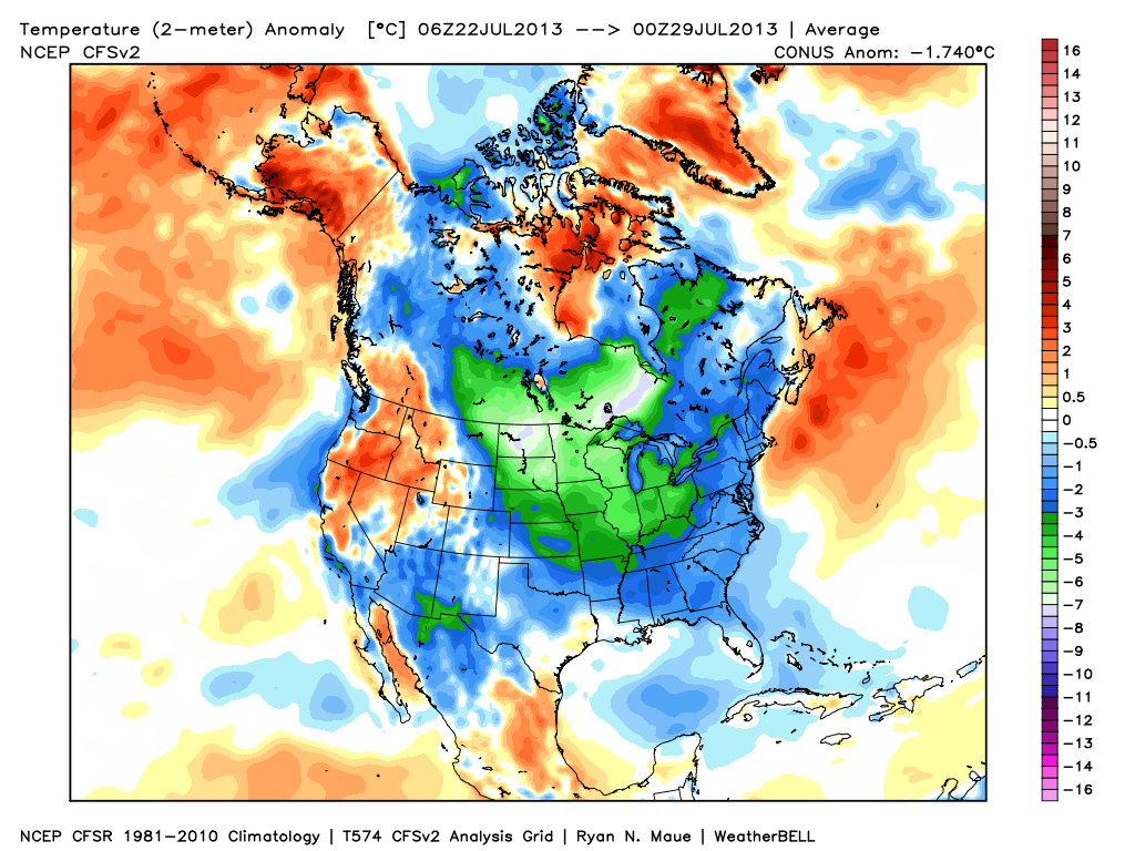 7 day U.S. temperature anomaly - weatherbell.com