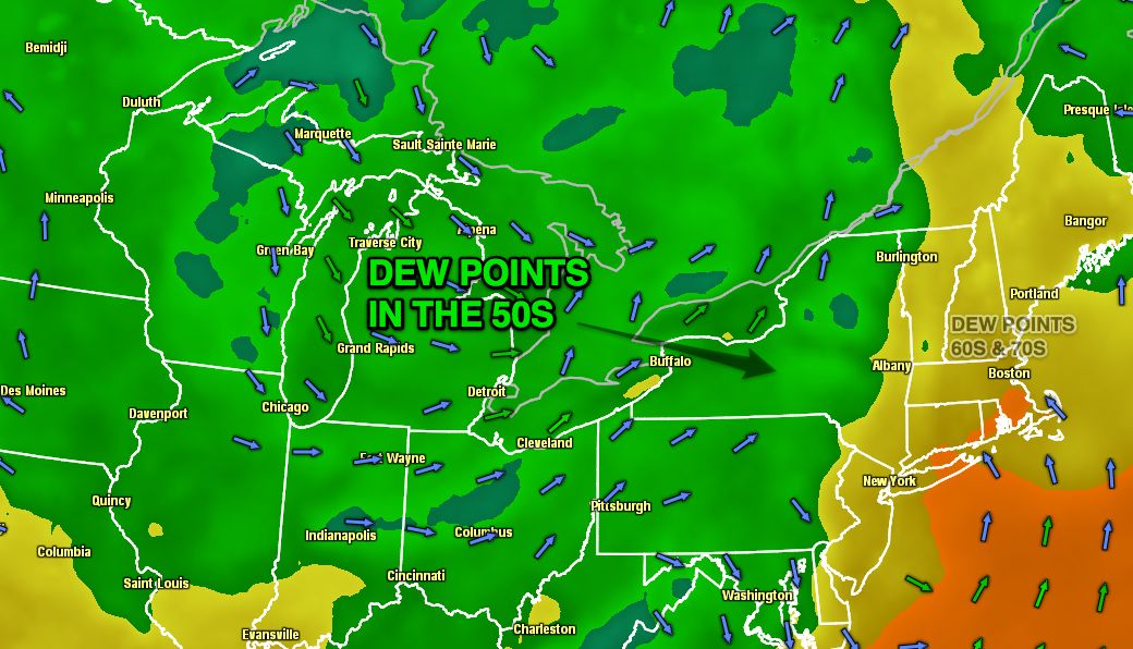 Large area of low dew points (dry air) in the Upper Midwest will head east