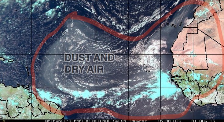Visible satellite showing the extent of the Saharan dust in the Eastern Atlantic Ocean