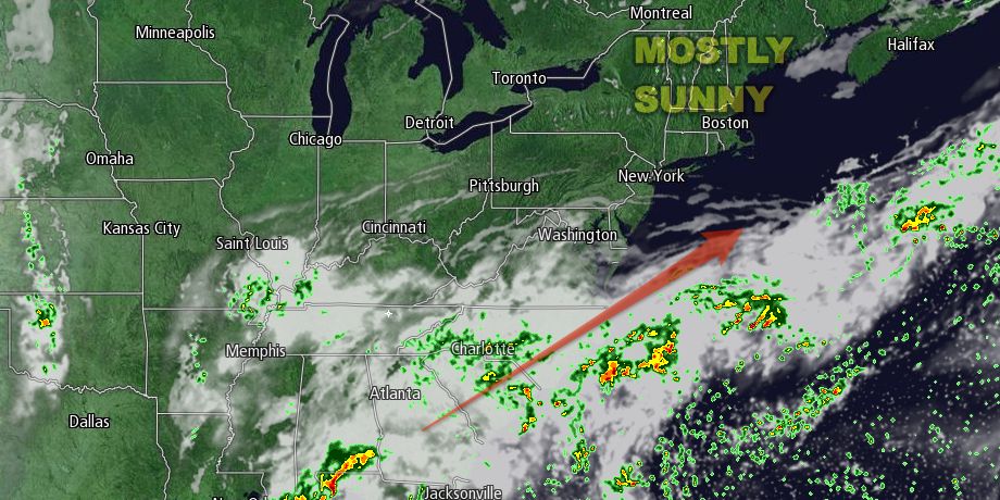 A storm moving from the Southeast to the Atlantic ocean may bring a few showers to coastal SNE Sunday night