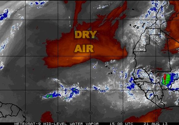 Satellite water vapor analysis shows all the dry air in the E. Atlantic Ocean