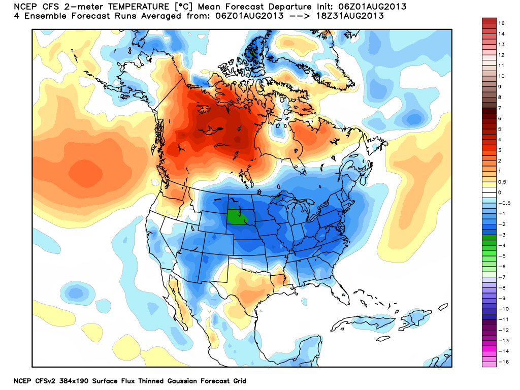 CFS V2 forecast for August has a very cool look for most of the United States