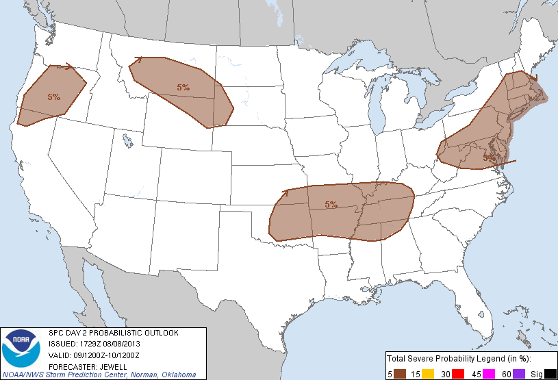 5% risk of severe weather within 25 miles of a point in the Northeast on Friday