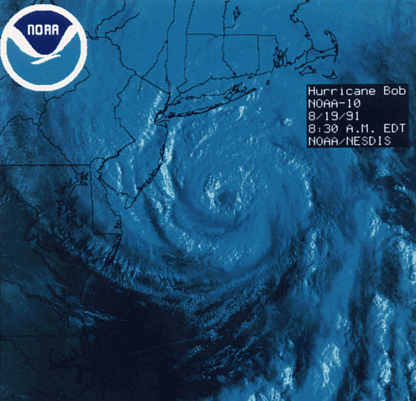 Satellite image of Hurricane Bob approaching Southern New England