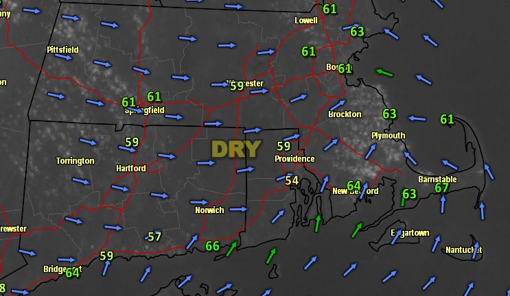 Land breeze inland helps to keep the humidity low as the temperature rises. (Numbers are dew points)