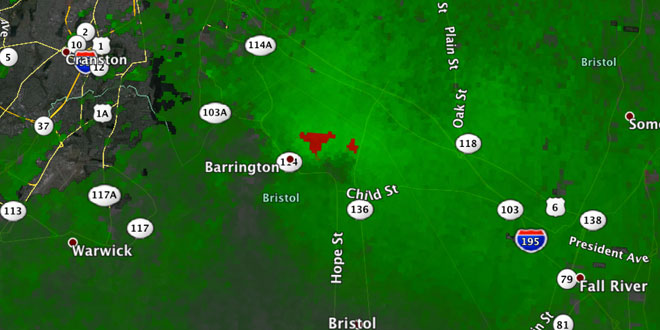 Doppler radar radial velocity shows possible tornado in Warren, RI on September 3, 2013