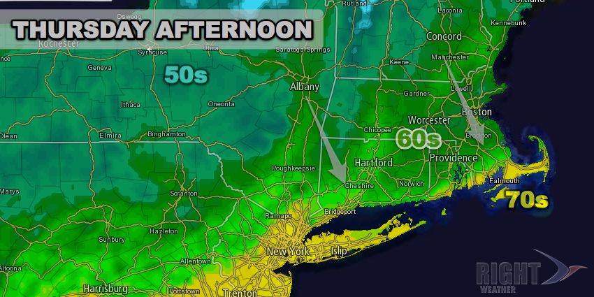 Cooler air moving into Southern New England on a northerly breeze Thursday afternoon