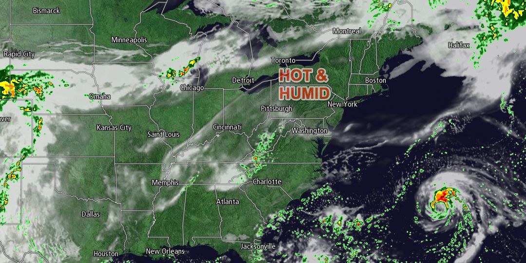 Hot and humid weather on Wednesday ahead of a cold front that will capture Tropical Storm Gabrielle in the Atlantic Ocean on Friday
