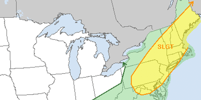 Most of the Northeast is in a 15% risk of severe thunderstorms Thursday PM into Friday AM