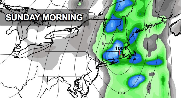 Showers likely, maybe a thunderstorm, Sunday morning. Drier in the afternoon.