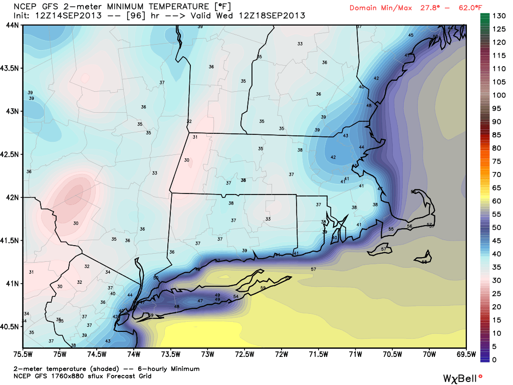 Computer model forecast with plenty of 30s in New England Wednesday morning - weatherbell.com