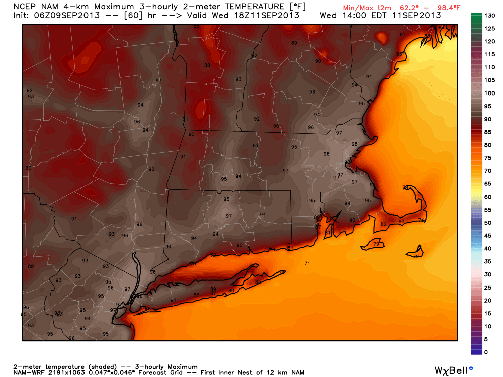 High-resolution computer model predicting widespread low to mid 90s just away from the coast on Wednesday - weatherbell.com