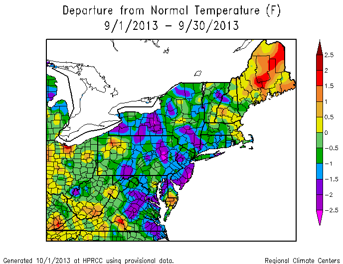 Warmer than normal in Maine, but most of the Northeast and Mid-Atlantic was cool in September