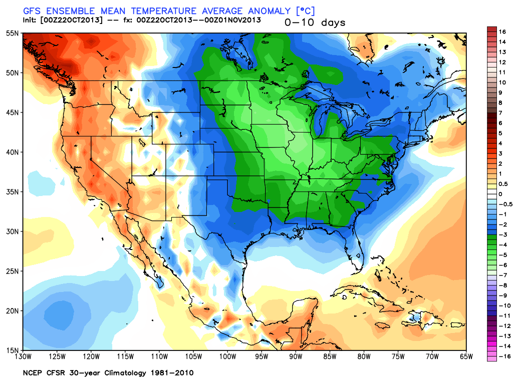 GEFS model temperature average anomaly (°C) through the end of October. Very cool in the Eastern US.