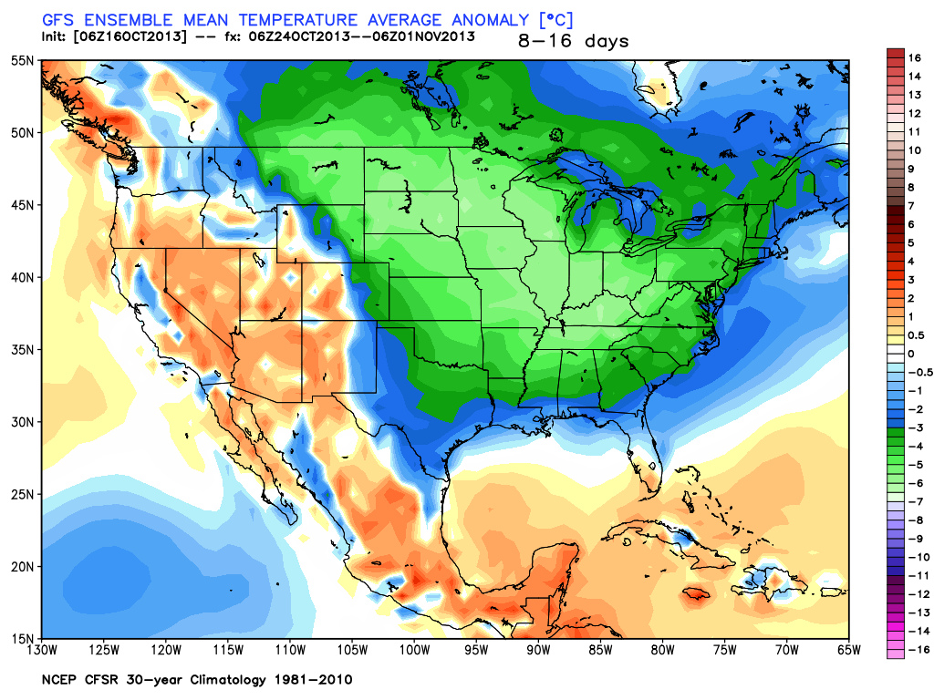 The GFS Ensemble shows a major shot of chilly air next week for the Eastern US
