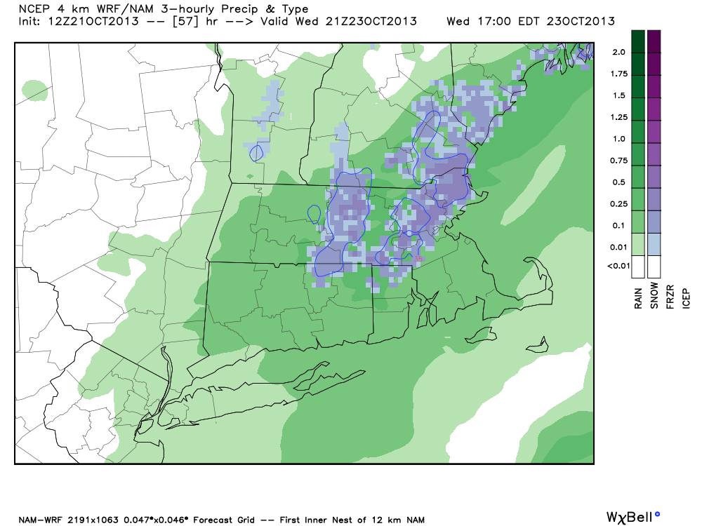 The high-resolution NAM model with a forecast for snow and rain for SNE Wednesday afternoon. It looks raw and chilly on Yawkey Way prior to game one of the World Series.