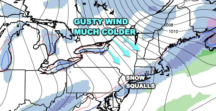 Snow squalls are possible in the Northeast as an Arctic cold front passes Tuesday morning