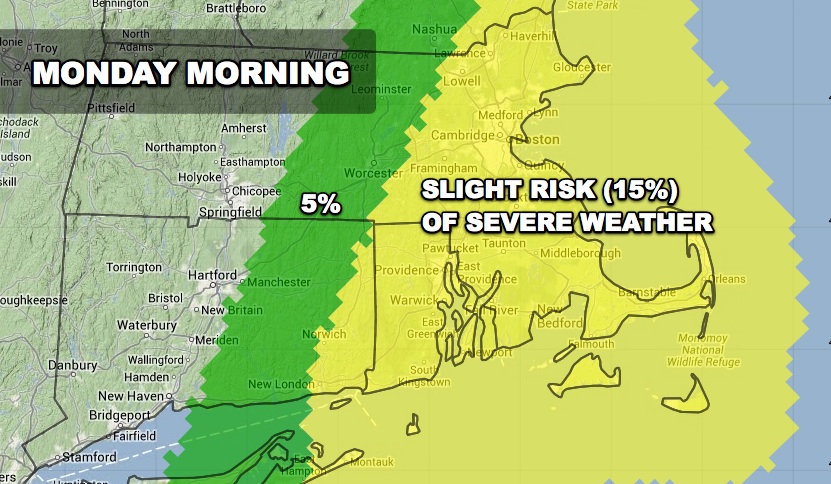 There is a 15% chance of wind gusts near 60 mph in Southeastern New England early Monday