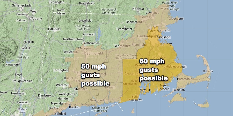 Wind Advisory and High Wind Warning for Southern New England on Wednesday